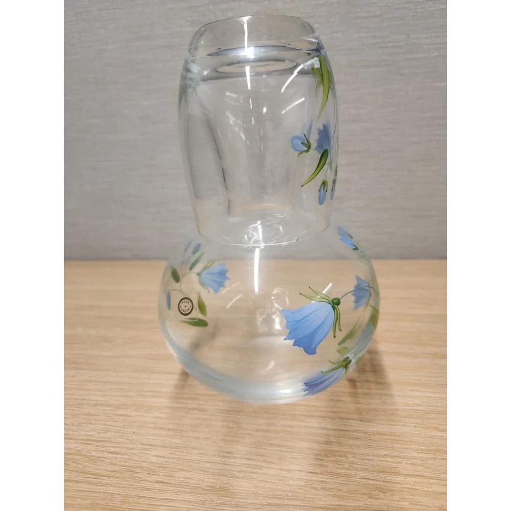 Hand Painted Blue Floral Clear Glass Tumble Up Bedside Water Carafe Made Hungary